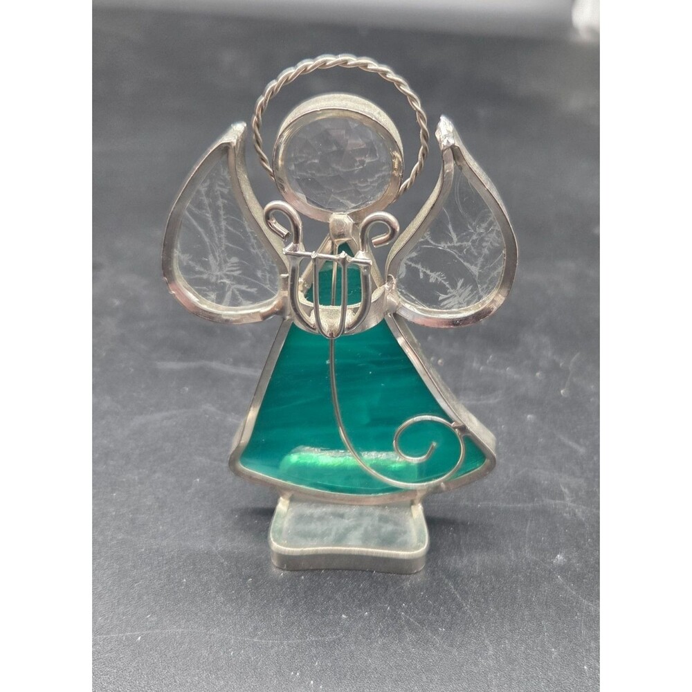 Handmade Stained Glass Angel with Harp Green Body 4" Tall